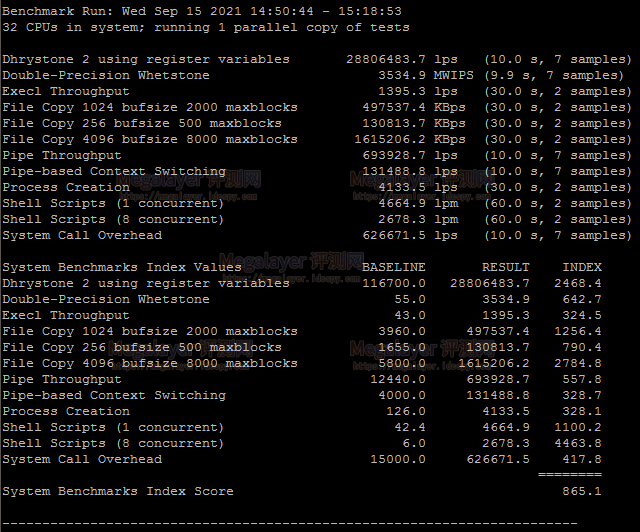 UnixBench跑分测试结果